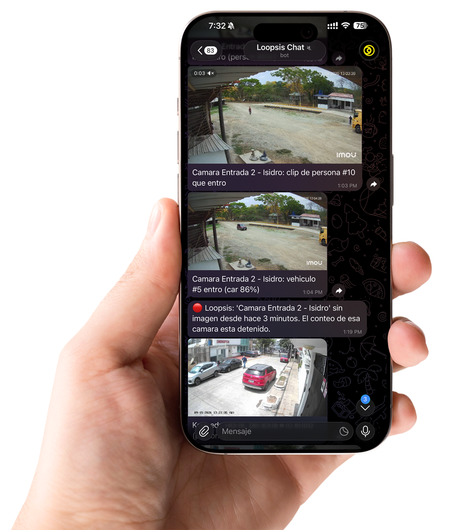 Alertas de Loopsis llegando al chat de Telegram en un teléfono